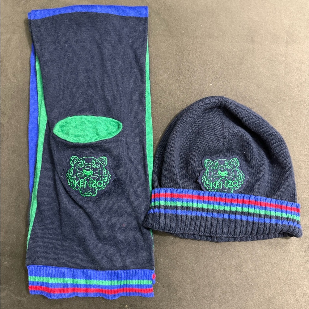 Kenzo Kids Blue and Green Hat with Scarf